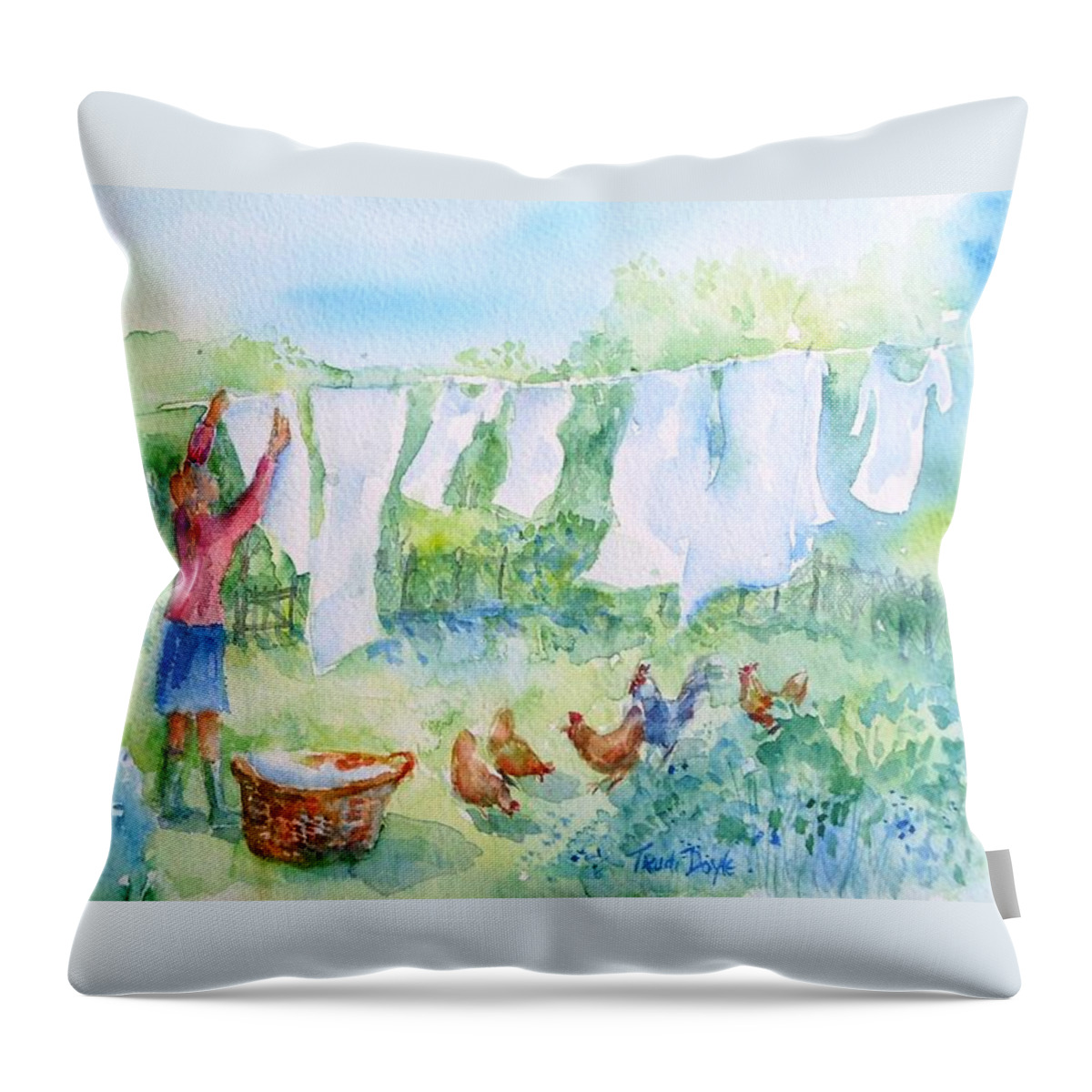 White Linen Throw Pillow featuring the painting Breezy Day -Great drying out by Trudi Doyle