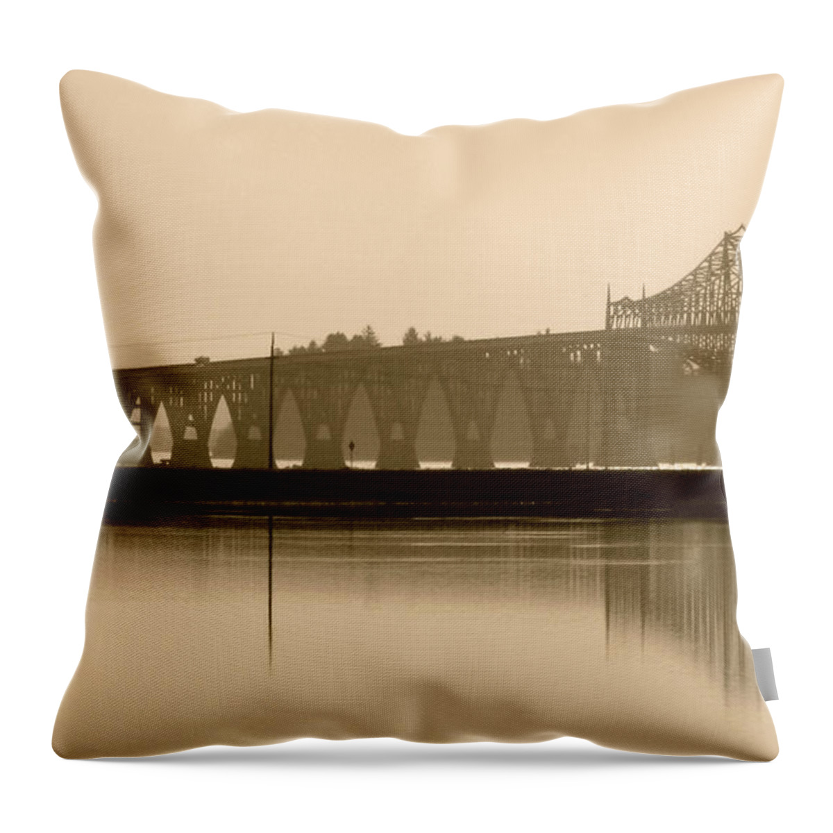 Reflections Throw Pillow featuring the photograph Bridge Reflection In Sepia by KATIE Vigil