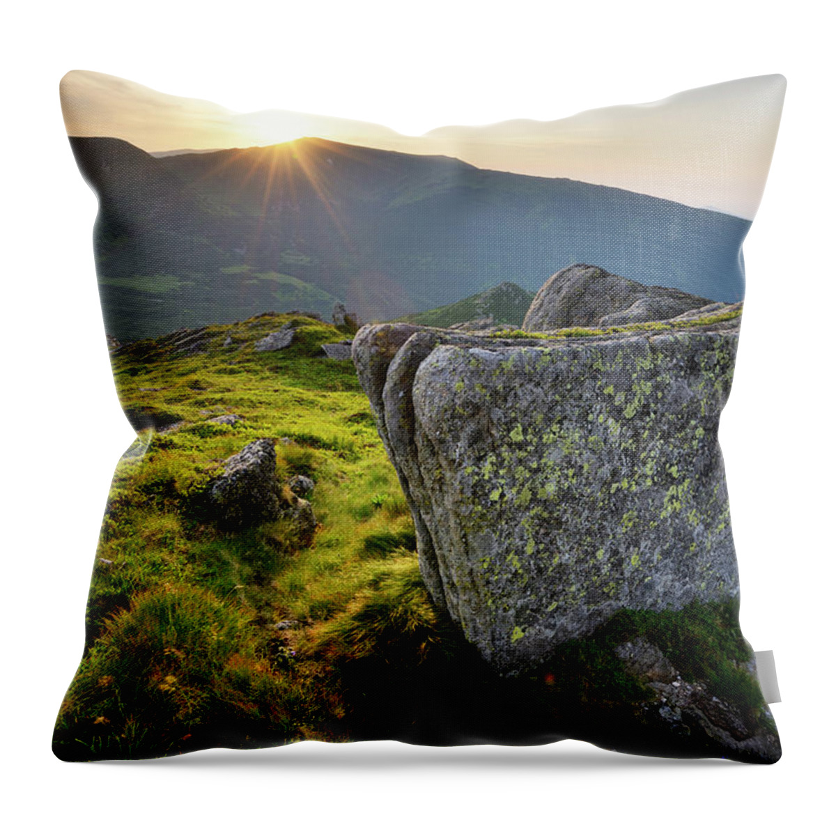 Scenics Throw Pillow featuring the photograph Bright Sunset Landscape In Mountains by Rezus