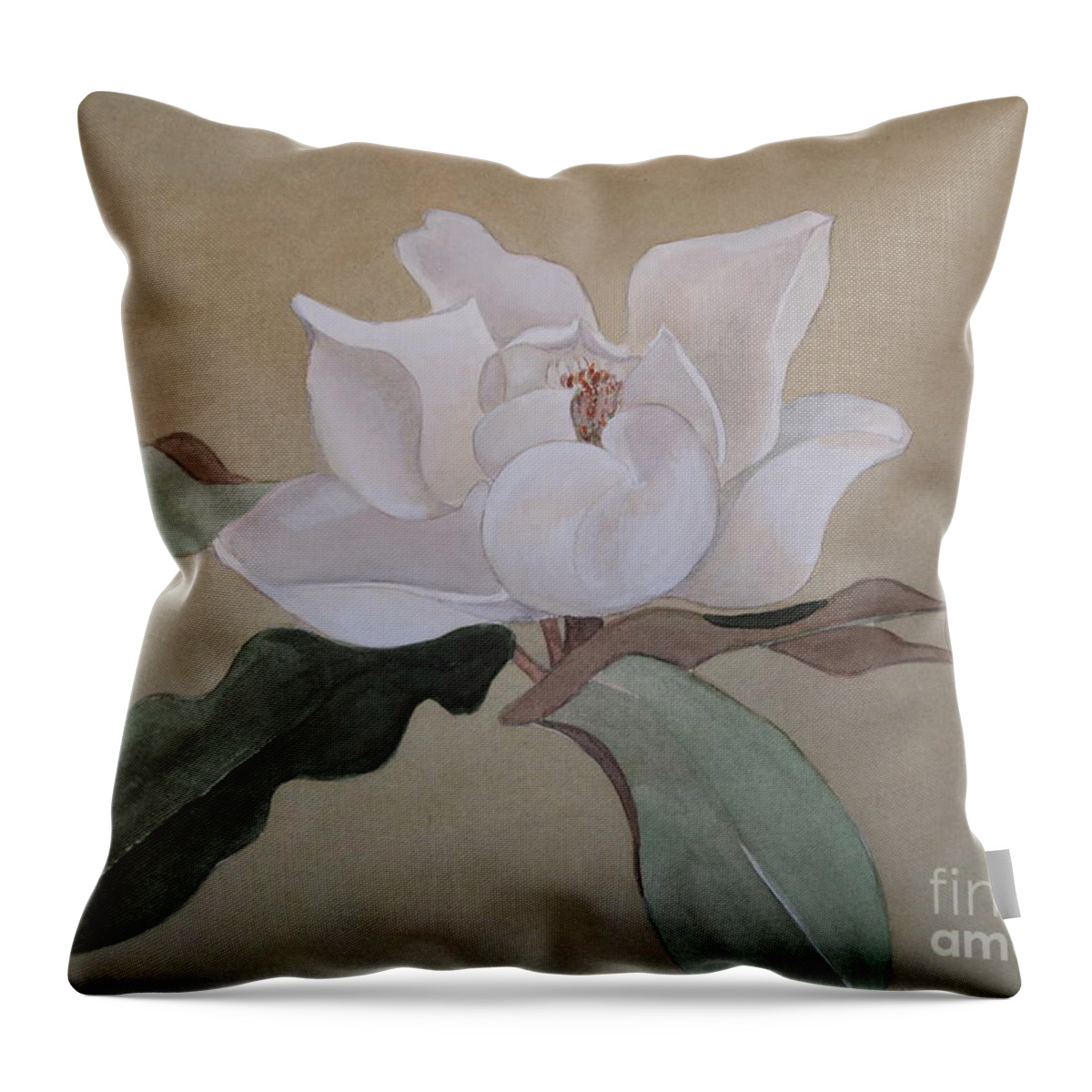 The Magnolia's White Is Like No Other. A Tan Background Adds Even More Throw Pillow featuring the painting Bright White by Nancy Kane Chapman