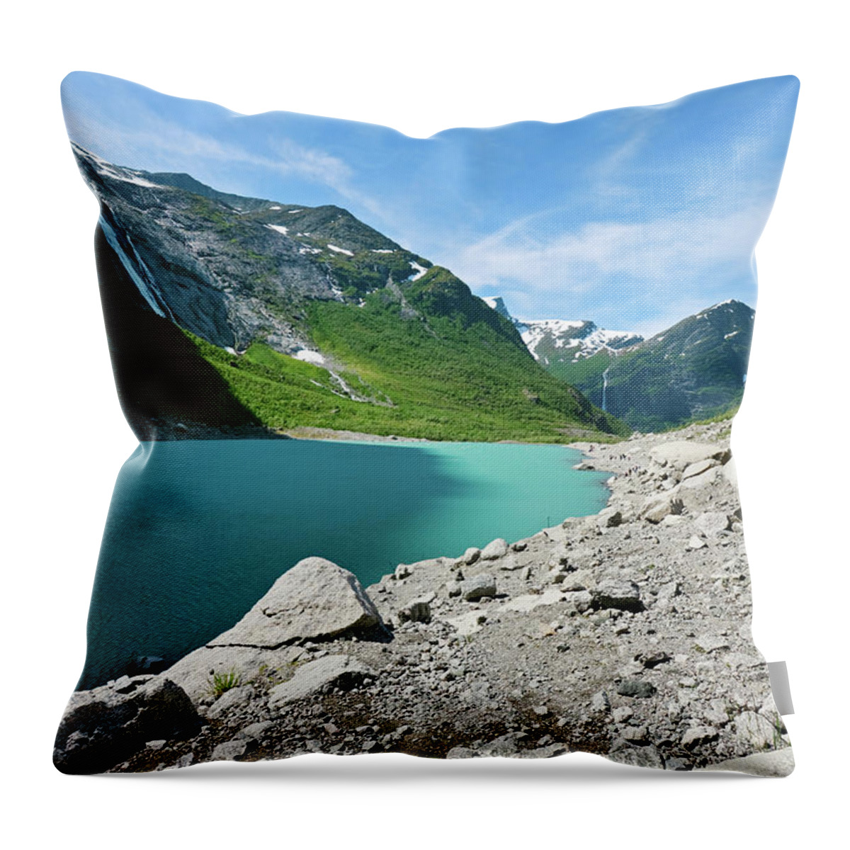 Scenics Throw Pillow featuring the photograph Briksdal Glacier Lake, Norway by Rusm