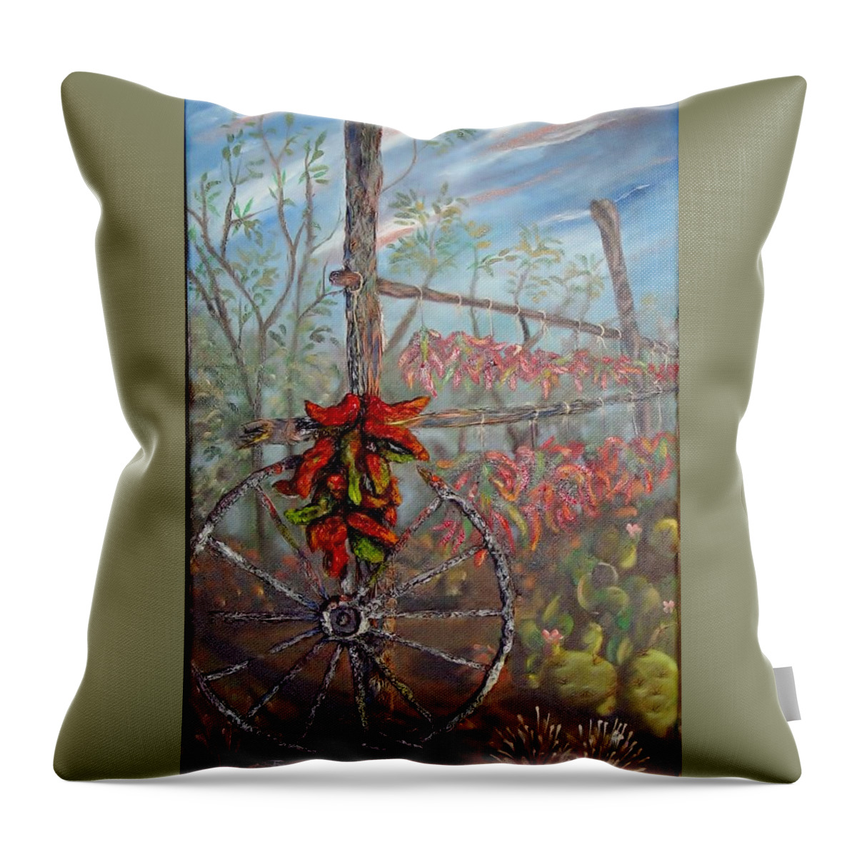 Wheel Throw Pillow featuring the painting Broken Wheel and Chili by Sherry Strong