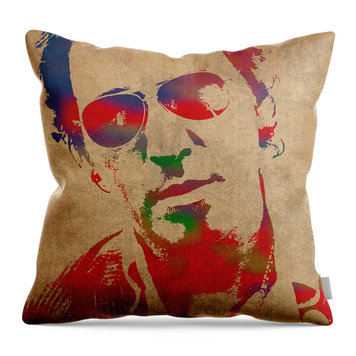Bruce Springsteen Watercolor Portrait On Worn Distressed Canvas Throw Pillow featuring the mixed media Bruce Springsteen Watercolor Portrait on Worn Distressed Canvas by Design Turnpike