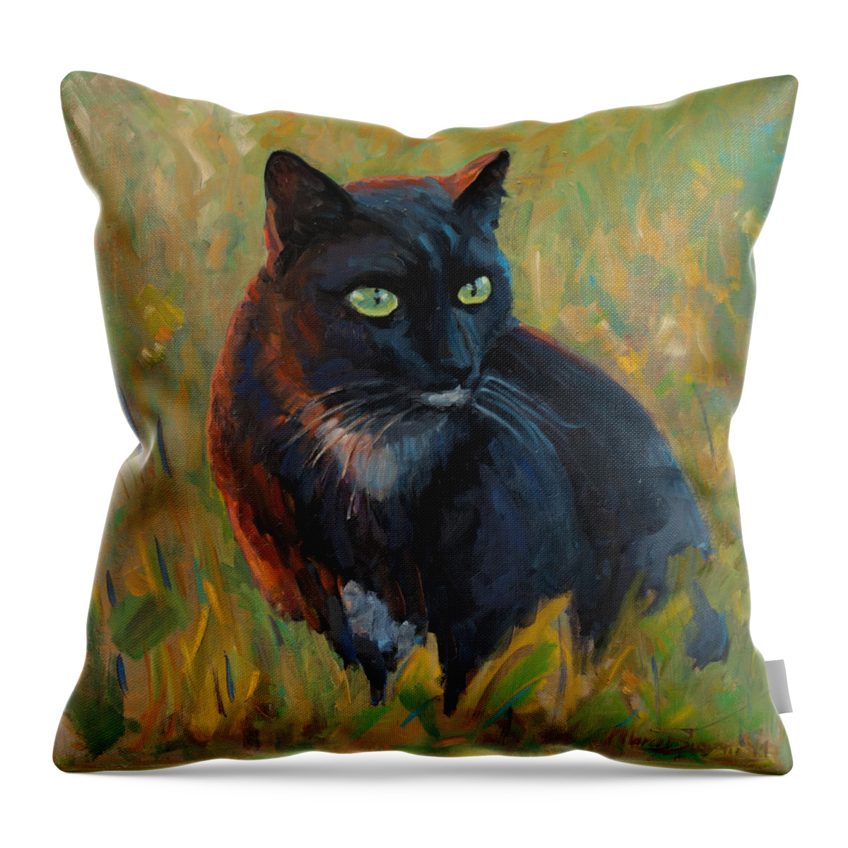 Cat Black Pet Grass Sunset Light Feline Sharp Look Throw Pillow featuring the painting Bubu in the sunset by Marco Busoni