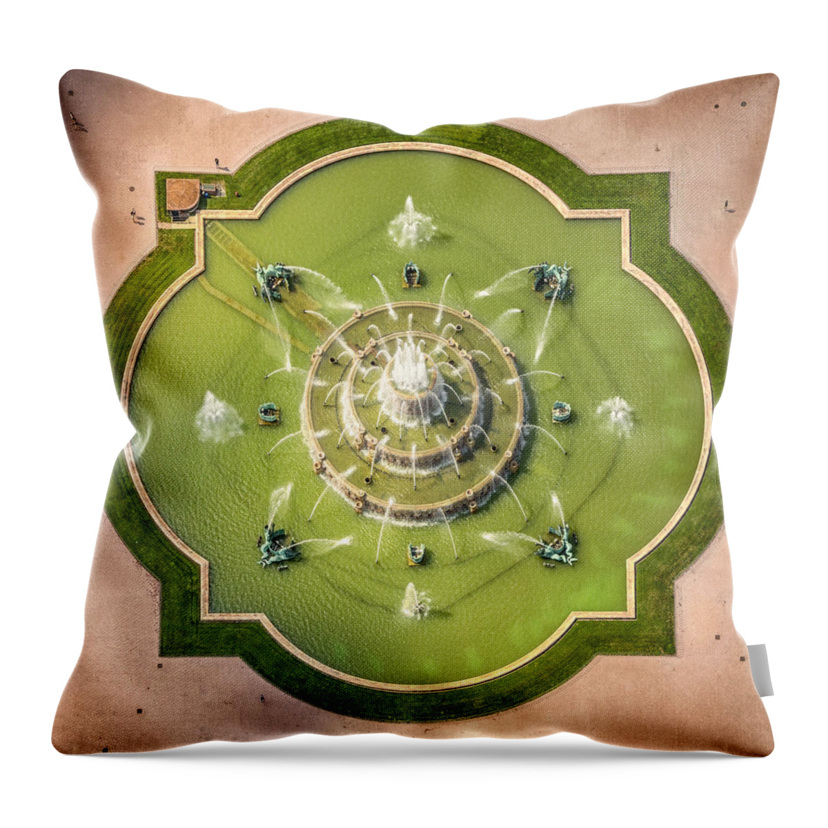3scape Throw Pillow featuring the photograph Buckingham Fountain From Above by Adam Romanowicz