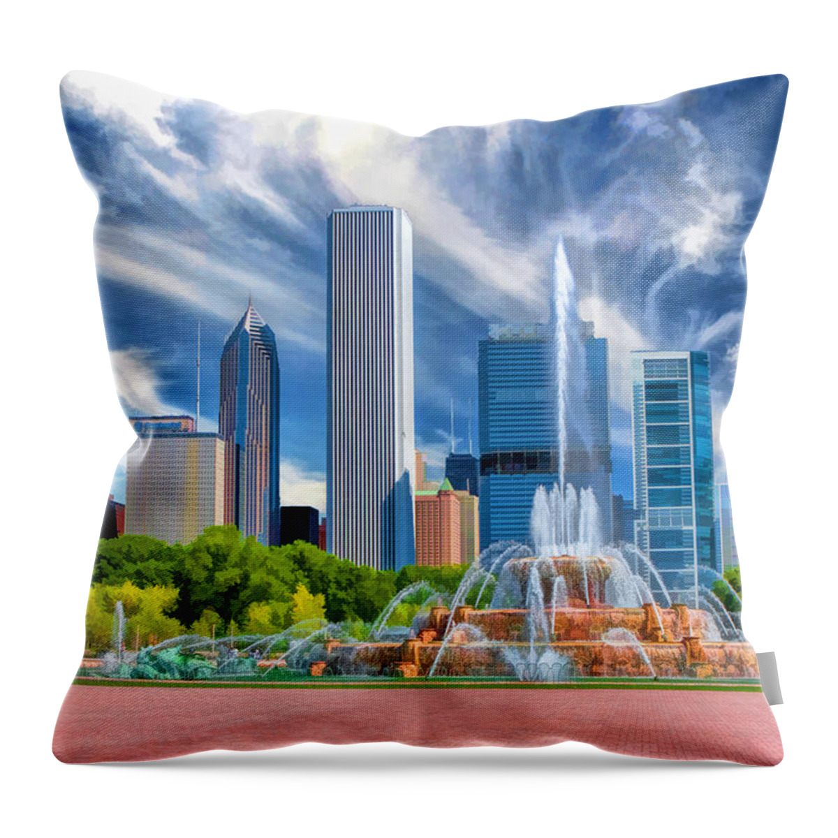 Buckingham Fountain Throw Pillow featuring the photograph Buckingham Fountain Chicago Skyscrapers by Christopher Arndt
