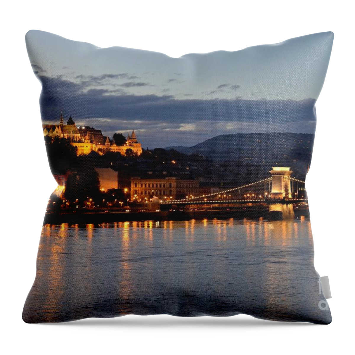 Architecture Throw Pillow featuring the photograph Budapest castle and bridge at night by Imran Ahmed