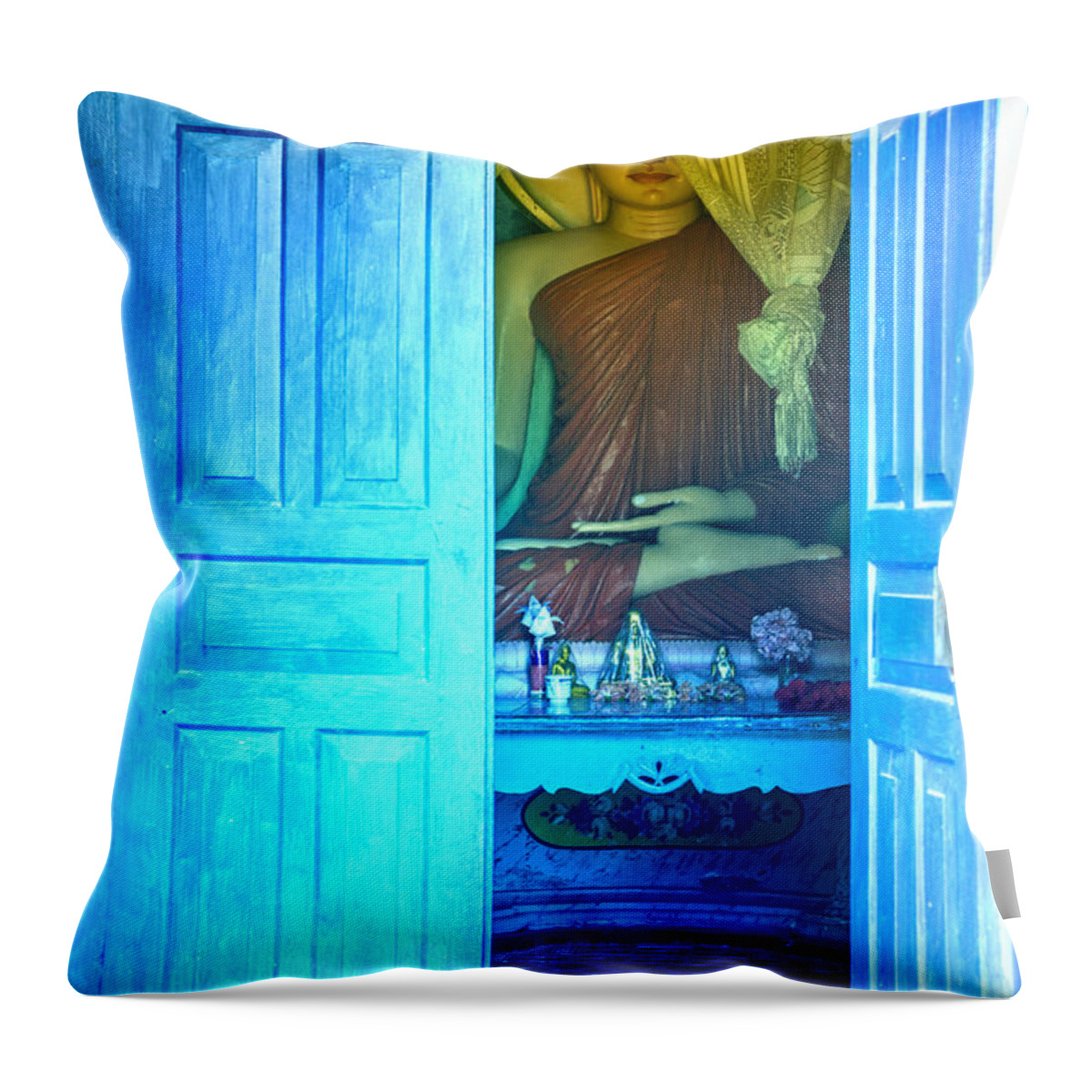 Buddha Throw Pillow featuring the photograph Buddha Behind A Blue Door by Gina Koch