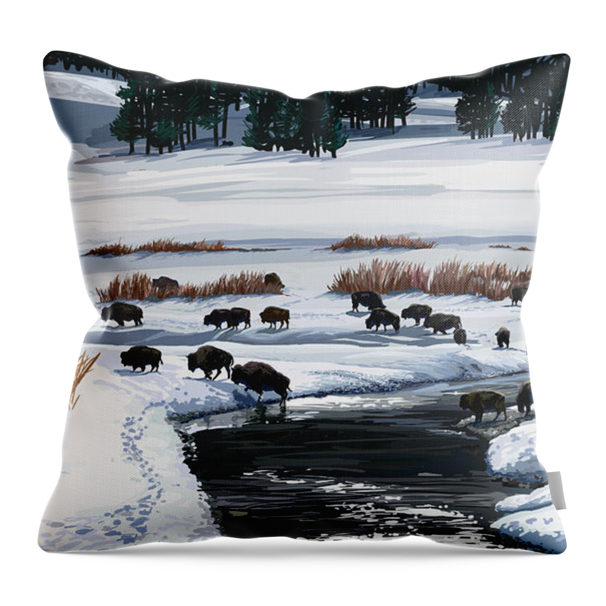 Buffalo Throw Pillow featuring the painting Buffalo Ford Winter by Pam Little