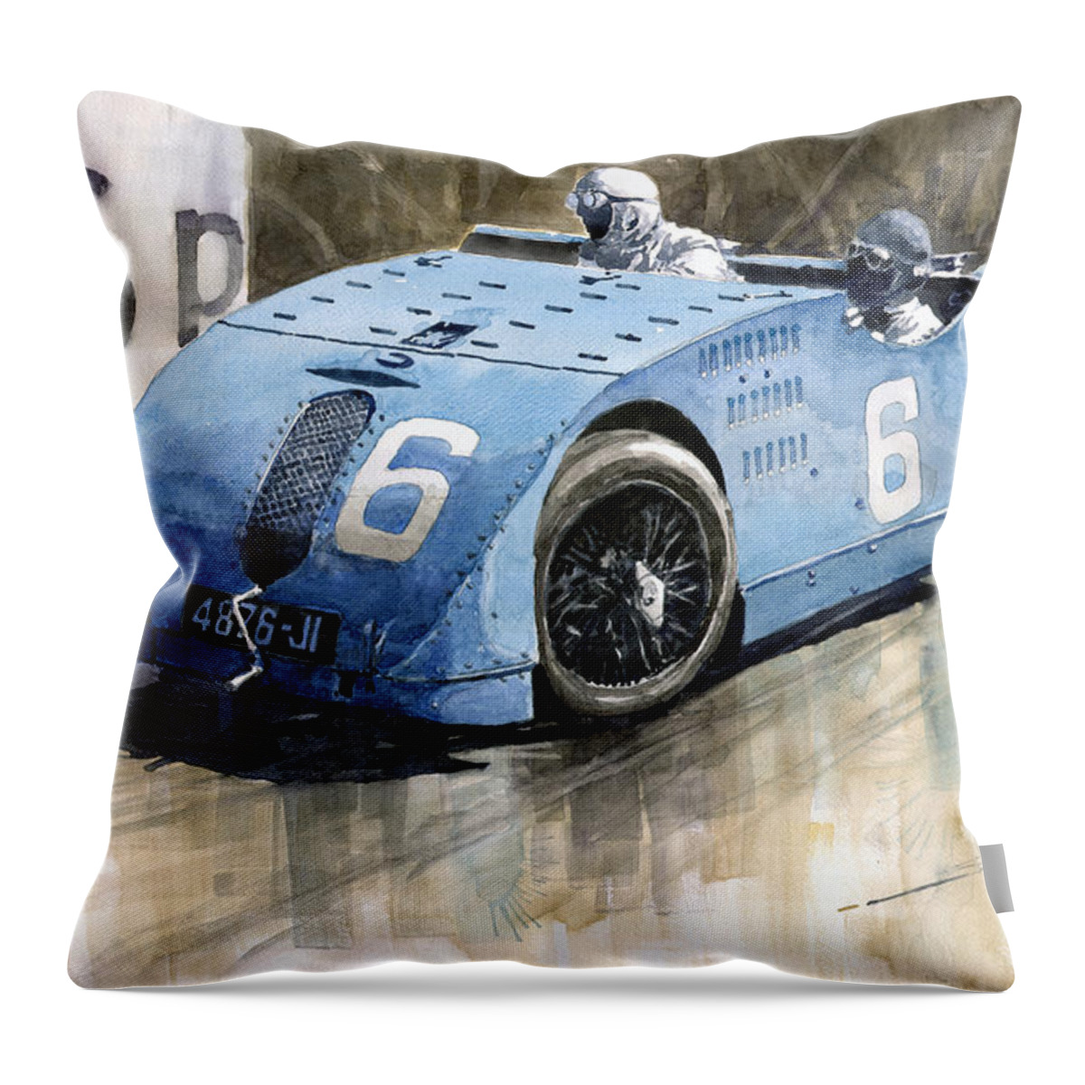 Watercolor Throw Pillow featuring the painting Bugatti Type 32 Tank 1923 French GP by Yuriy Shevchuk