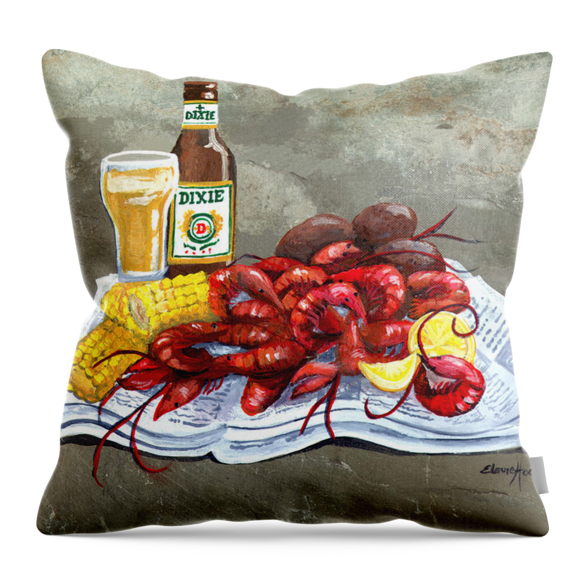 Crawfish Throw Pillow featuring the painting Bugs and Beer by Elaine Hodges
