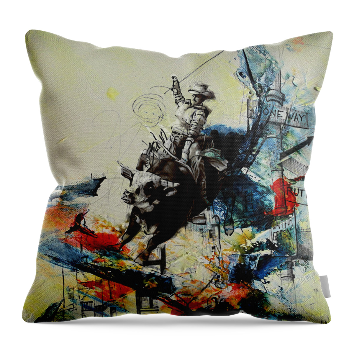 Bull Rodeo Throw Pillow featuring the painting Bull Rodeo 02 by Corporate Art Task Force