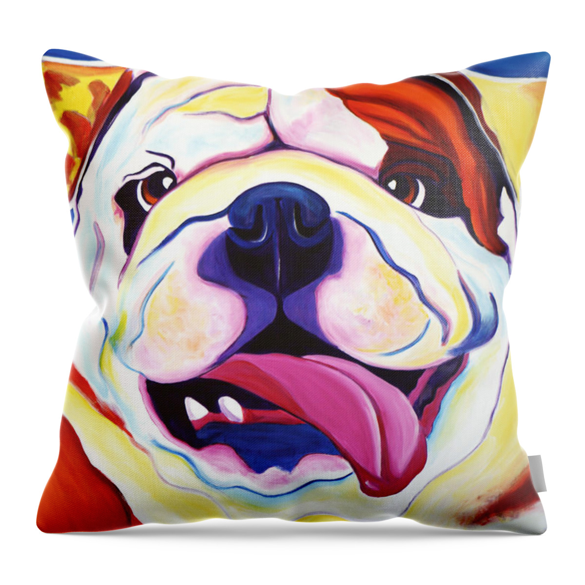 Bulldog Throw Pillow featuring the painting Bulldog - Grin by Dawg Painter