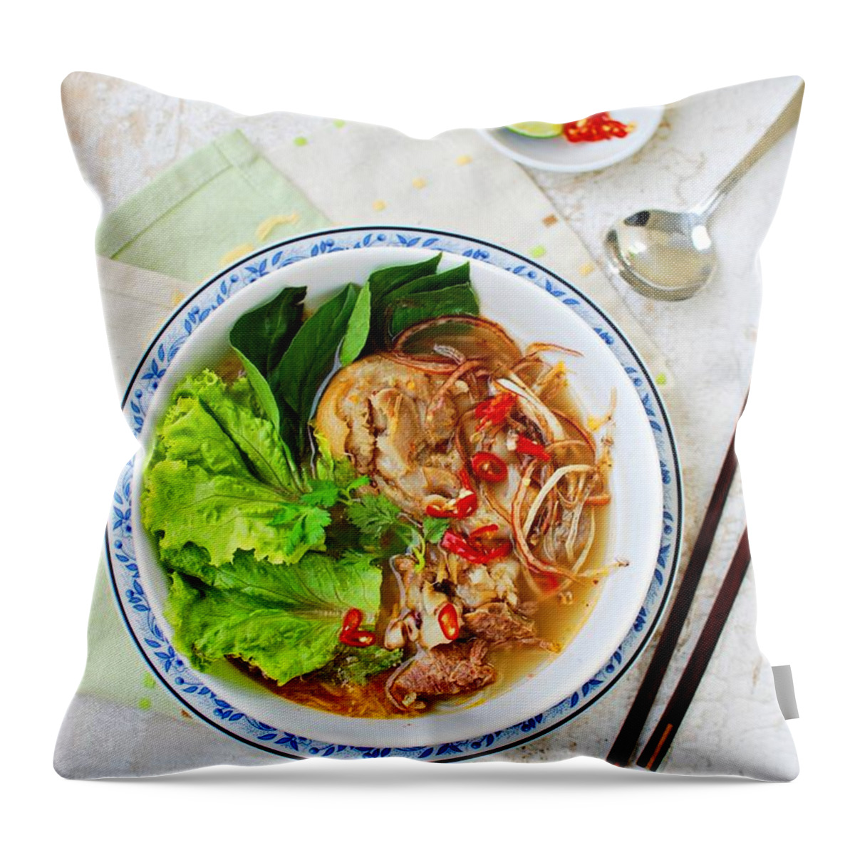 Thai Food Throw Pillow featuring the photograph Bun Bo Hue by Hoaixh