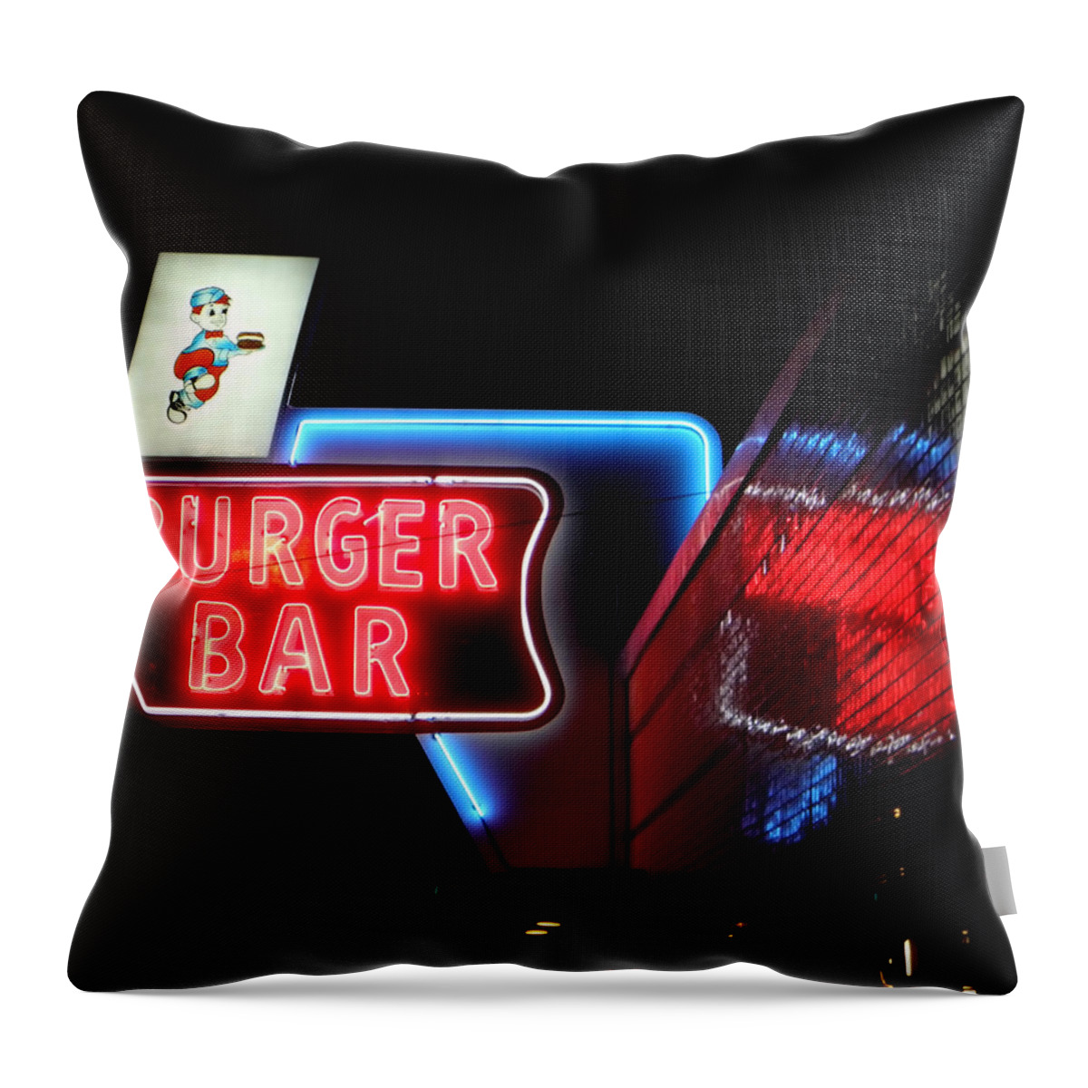 Bristol Throw Pillow featuring the photograph Burger Bar Neon Diner Sign at night by Denise Beverly
