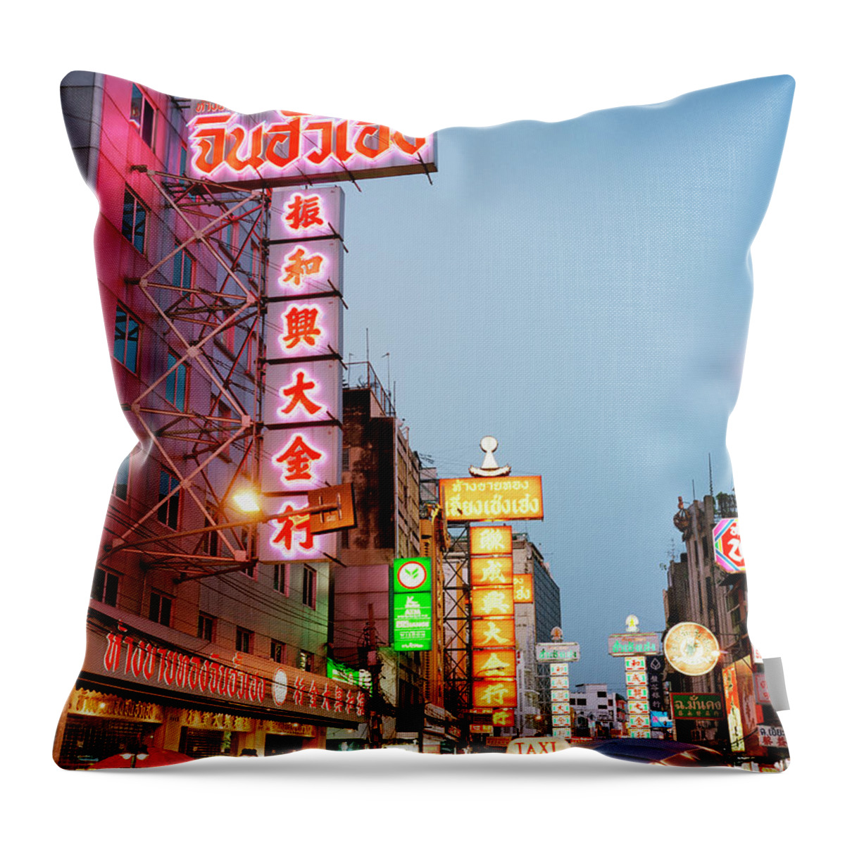 Chinatown Throw Pillow featuring the photograph Bustling Street In Chinatown At Dusk by Gary Yeowell