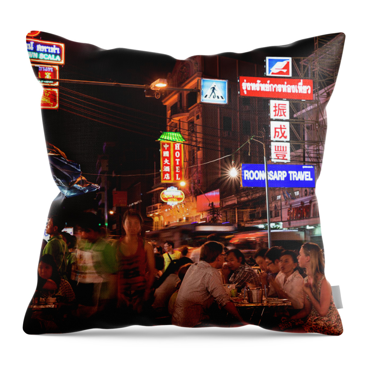 Three Quarter Length Throw Pillow featuring the photograph Bustling Street In Chinatown At Night by Gary Yeowell