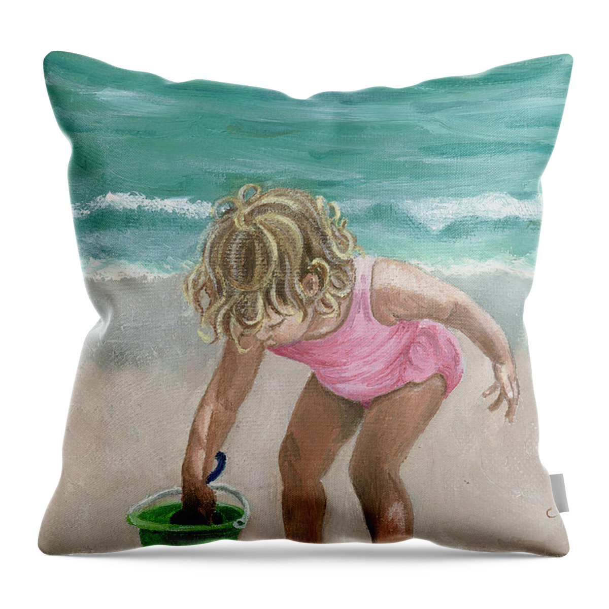 Ocean Throw Pillow featuring the painting Busy Beach Girl by Jill Ciccone Pike
