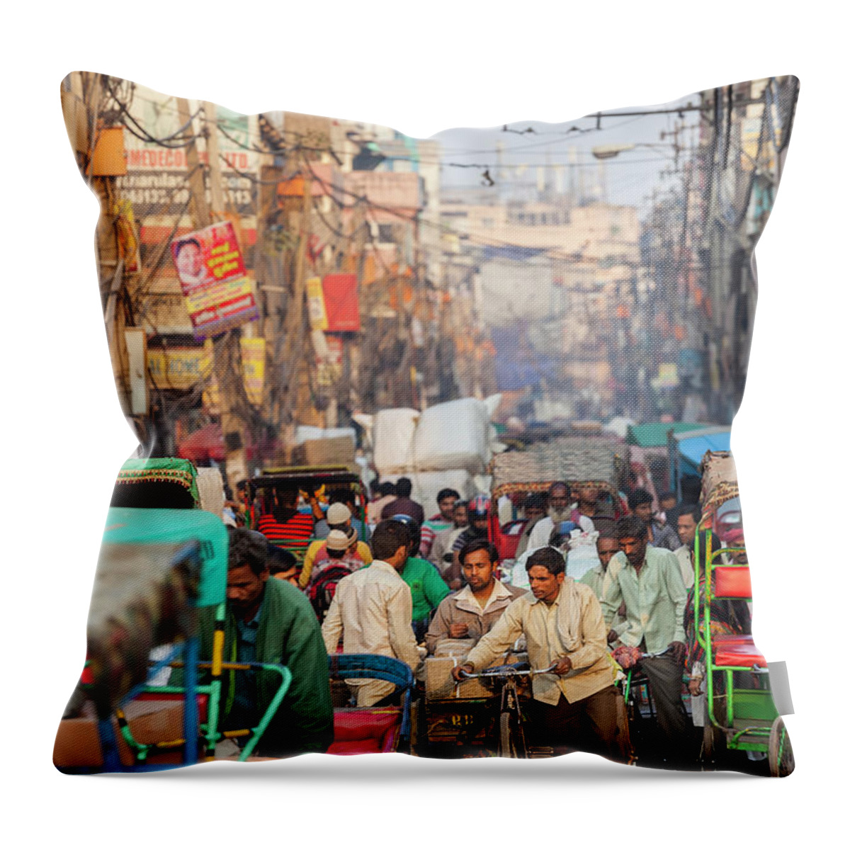 Trading Throw Pillow featuring the photograph Busy Street, Chandi Chowk Market, Old by Peter Adams