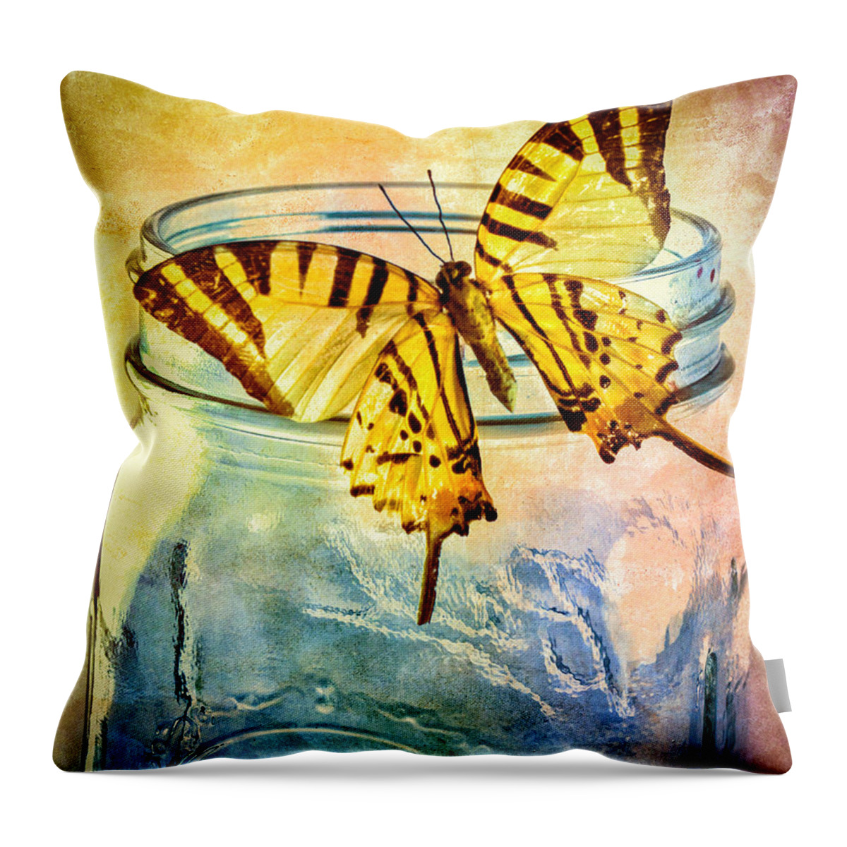 Blue Glass Throw Pillow featuring the photograph Butterfly Blue Glass Jar by Bob Orsillo
