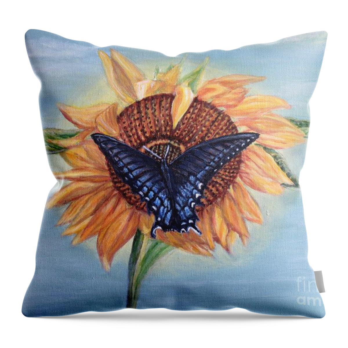 Nature Paintings Butterfly Paintings Sunflower Paintings Black And Blue Monarch Sucking Nectar From A Yellow Orange Sunflower Blue Skies With Light Wispy Clouds Throw Pillow featuring the painting Butterfly Sunday in the Summer by Kimberlee Baxter