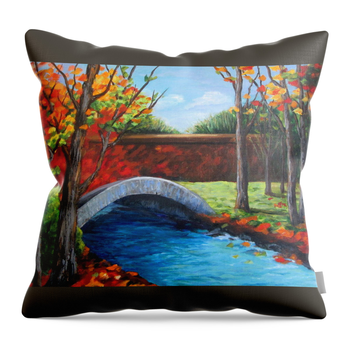 Landscape Throw Pillow featuring the painting By the Bridge by Rosie Sherman