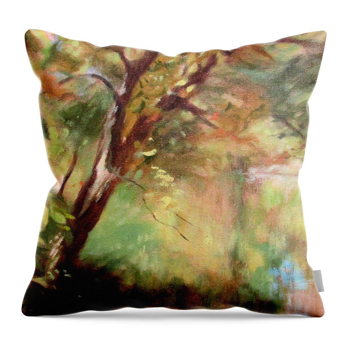 Rivers Throw Pillow featuring the painting By the Greenway in Autumn- along the Roanoke River by Bonnie Mason