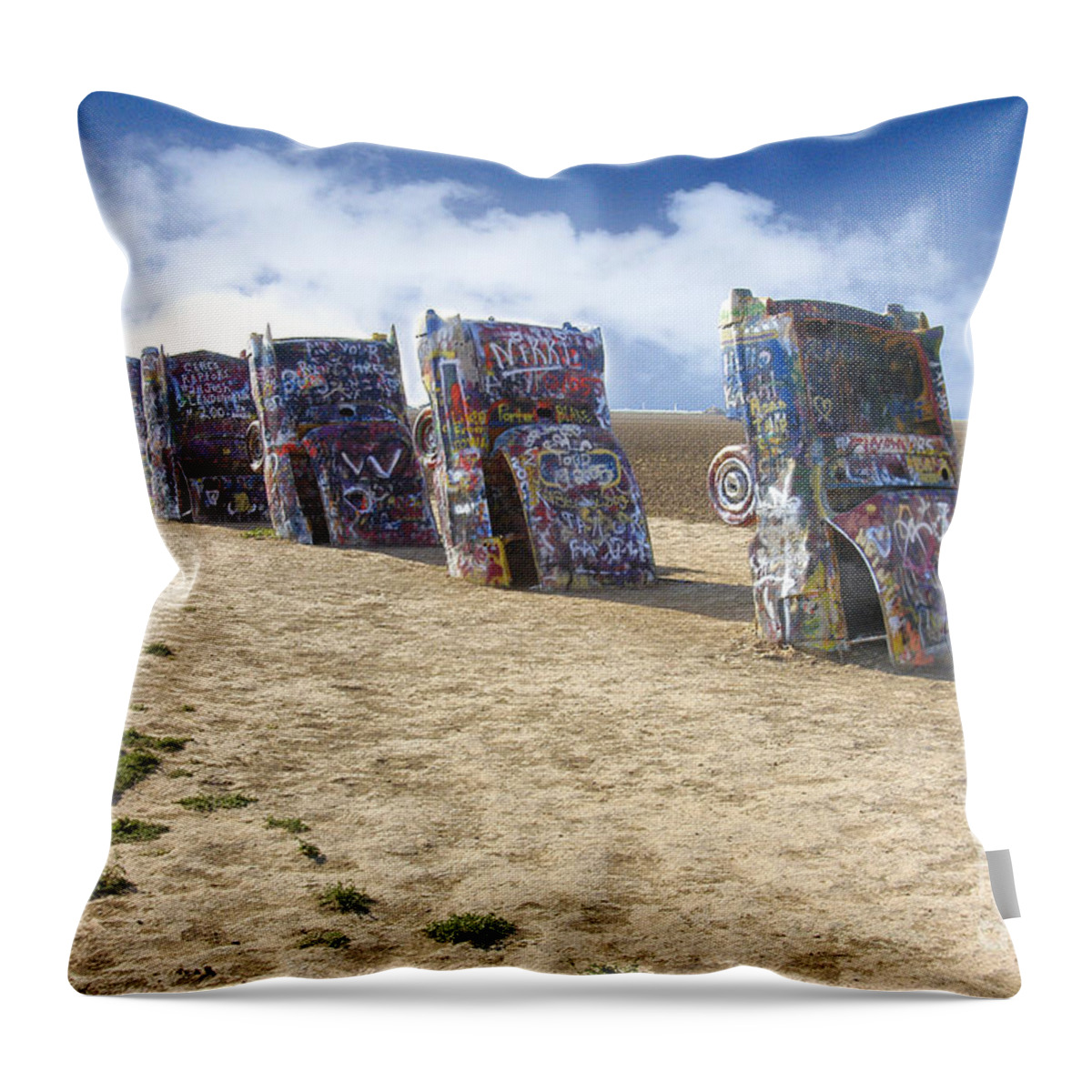 Cadillac Ranch Is A Public Art Installation And Sculpture In Amarillo Throw Pillow featuring the photograph Cadillac Ranch by Greg Kopriva
