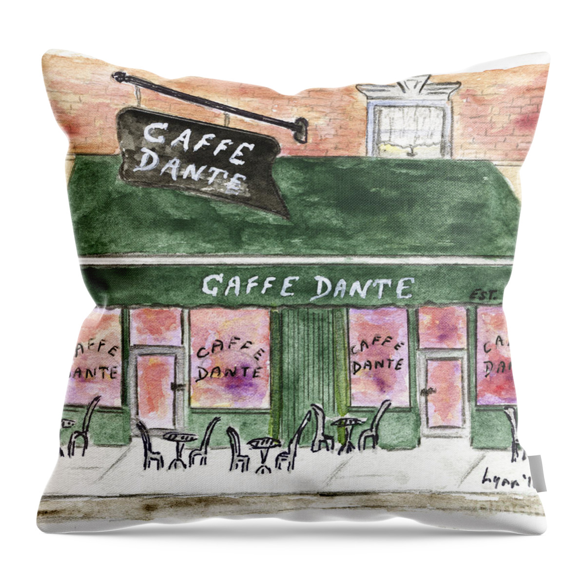 Cafe Dante' Macdougal Street Greenwich Village Throw Pillow featuring the painting Cafe Dante' by AFineLyne