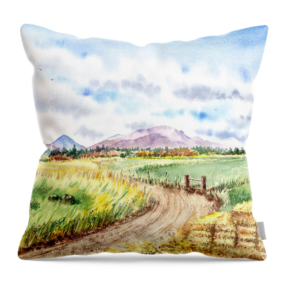 Mountains Throw Pillow featuring the painting Californian Landscape Saint Johns Ranch of Mountain Shasta County by Irina Sztukowski