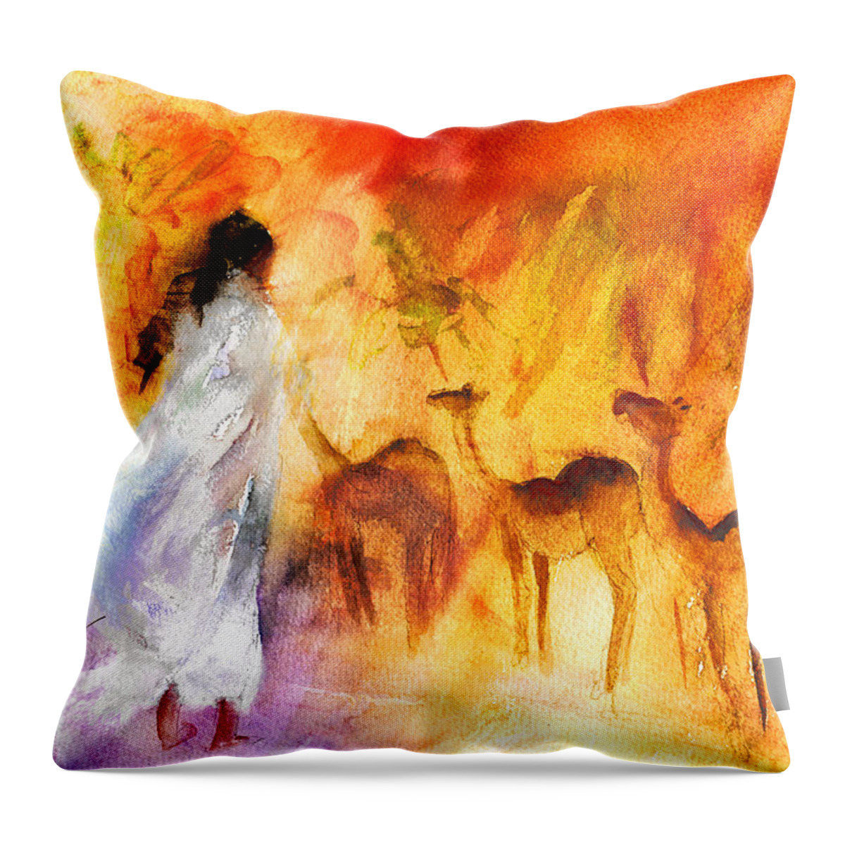 Travel Throw Pillow featuring the painting Camels in Maspalomas by Miki De Goodaboom