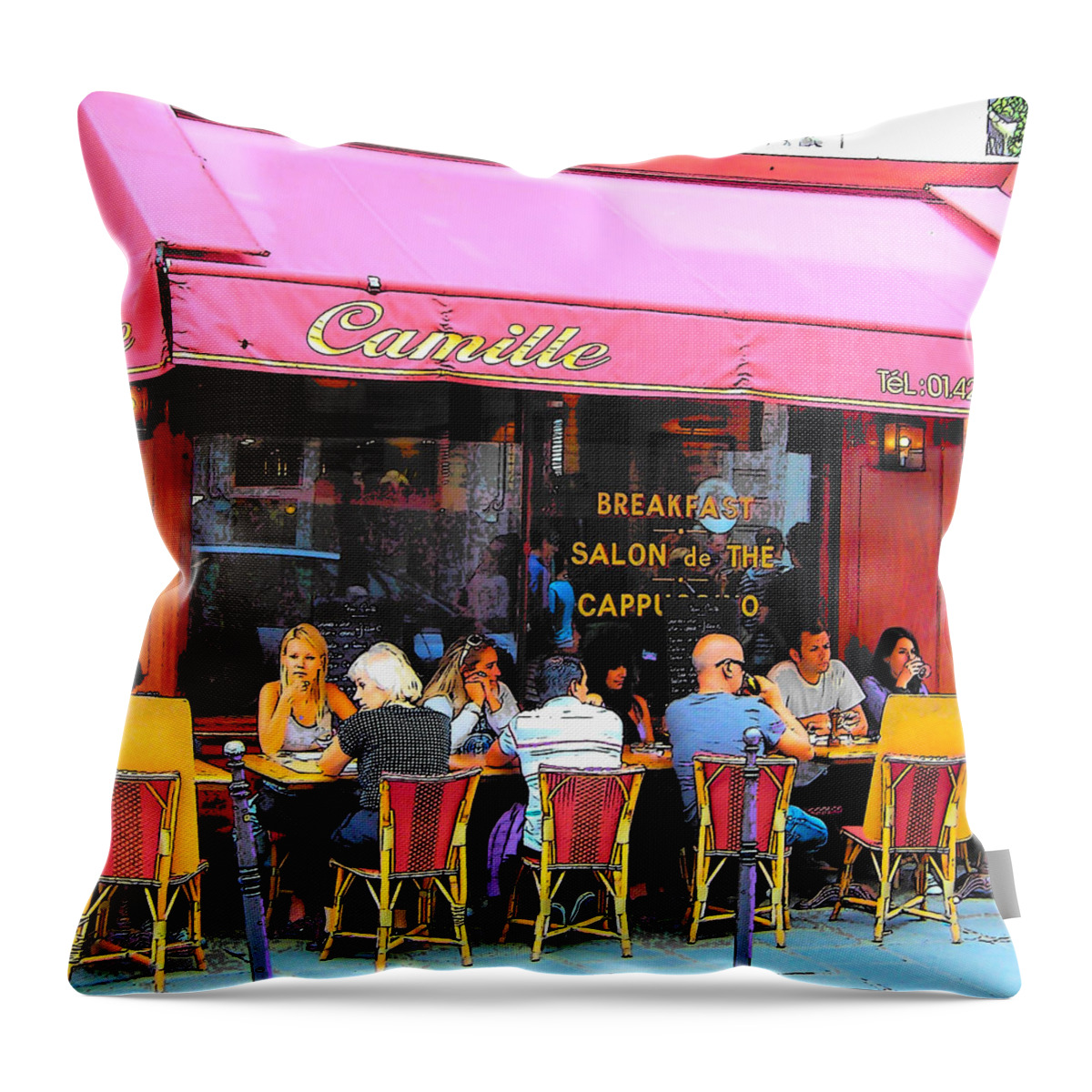 Camille Cafe Throw Pillow featuring the photograph Camille Restaurant 24 Rue des Francs Bourgeois Paris by Jan Matson
