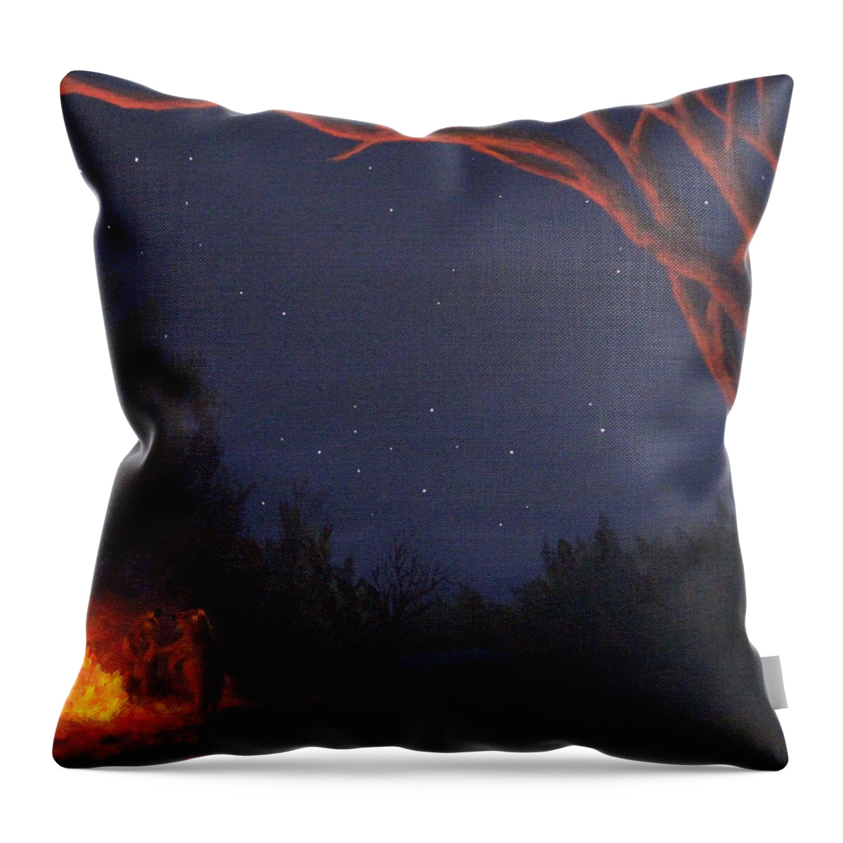 Night Throw Pillow featuring the painting Campfire Bears by Janet Greer Sammons