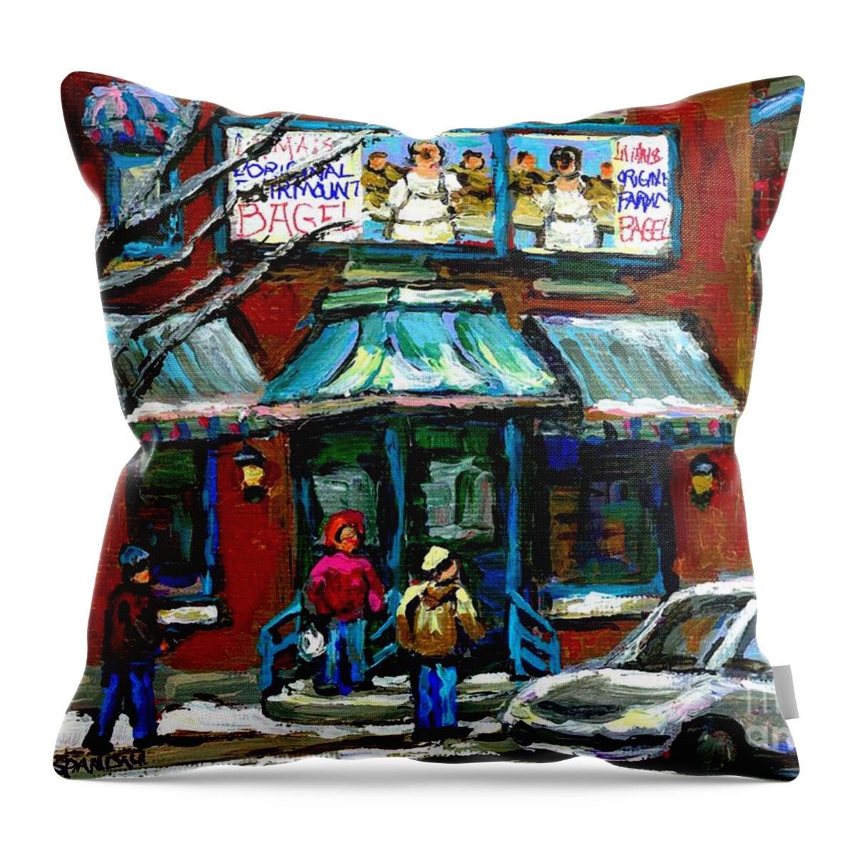 Montreal Throw Pillow featuring the painting Canadian Urban Winter City Scenes Paintings Fairmount Bagel Shop Montreal Art Carole Spandau by Carole Spandau