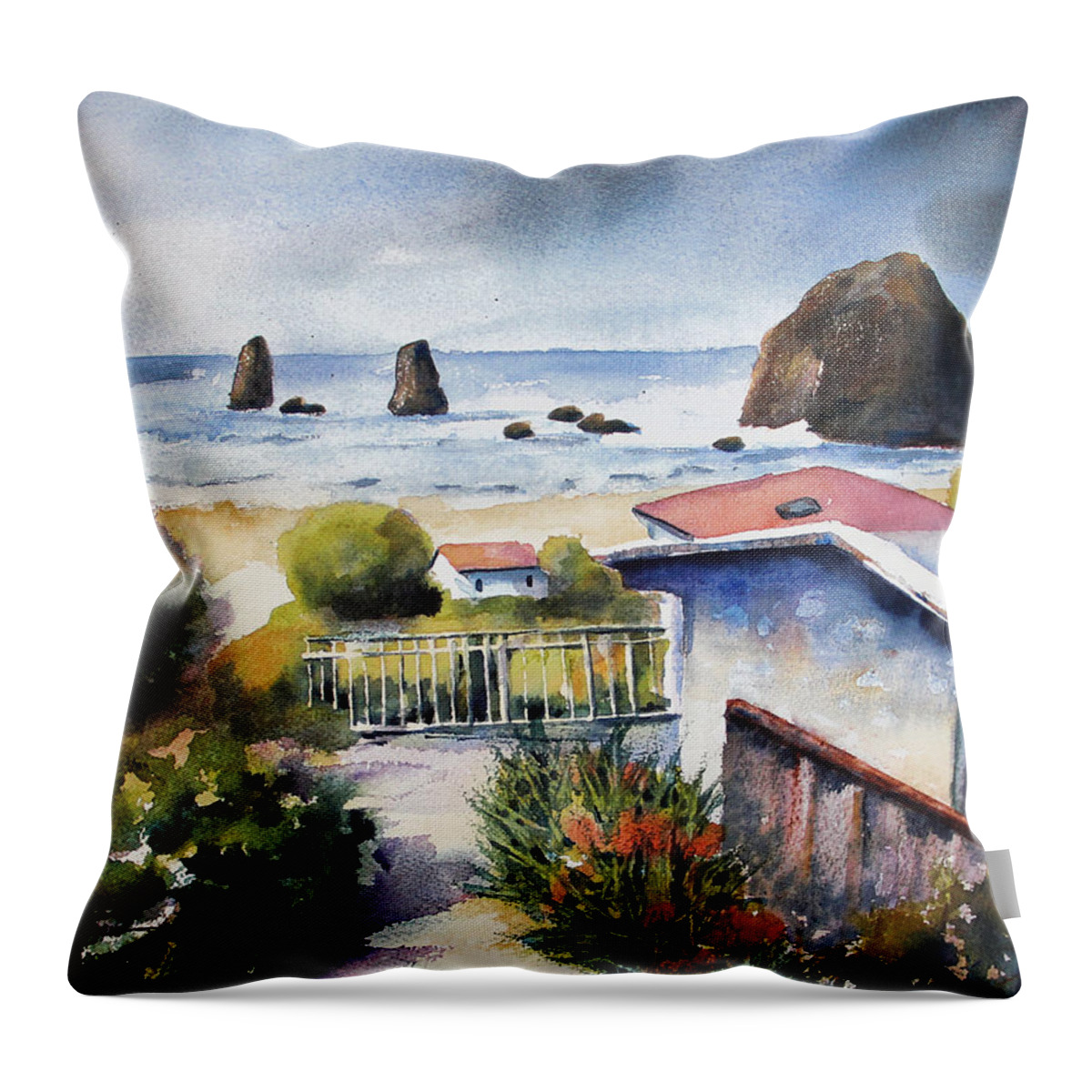 Cannon Beach Throw Pillow featuring the painting Cannon Beach Cottage by Marti Green