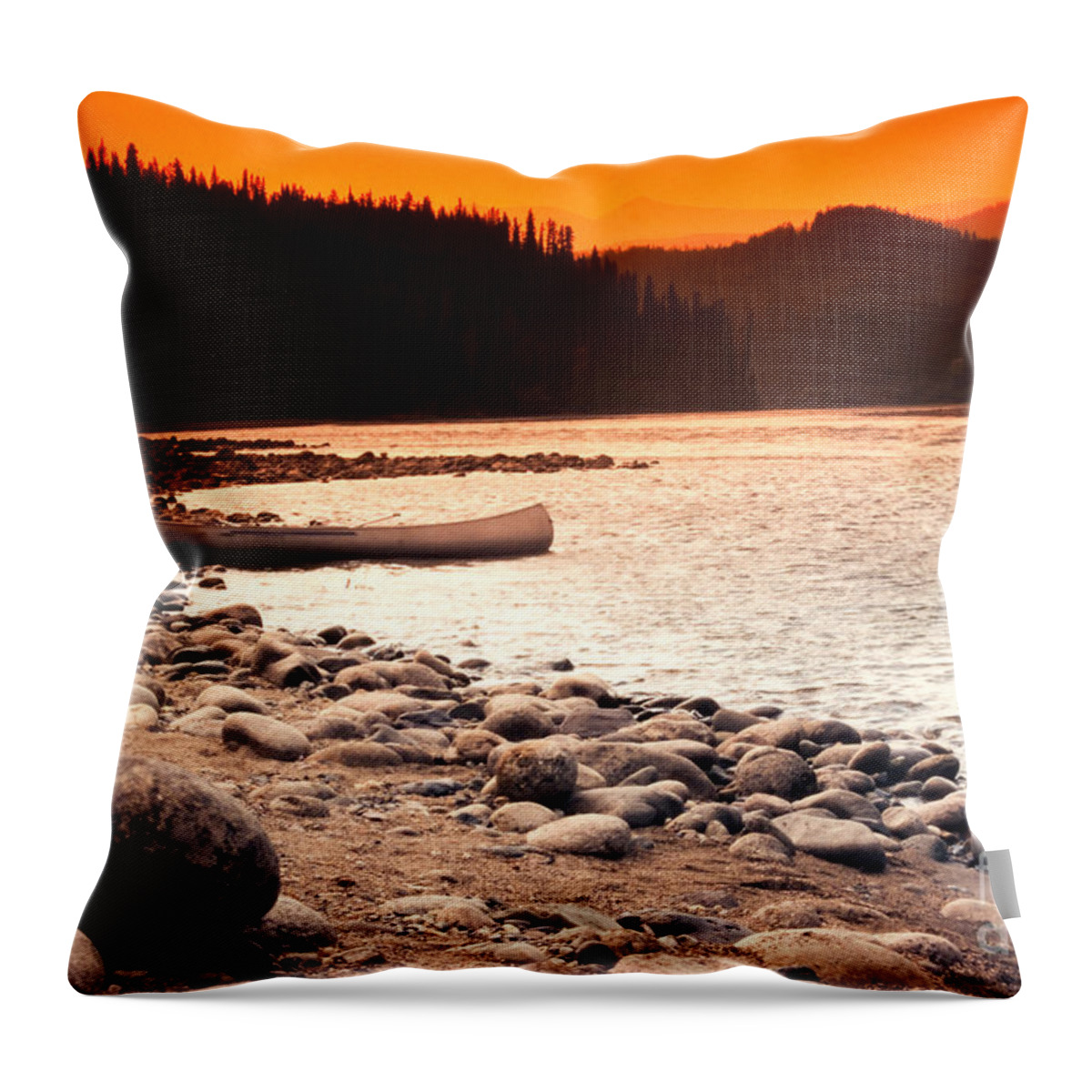 Adventure Throw Pillow featuring the photograph Canoe on Teslin River bank Yukon Territory Canada by Stephan Pietzko