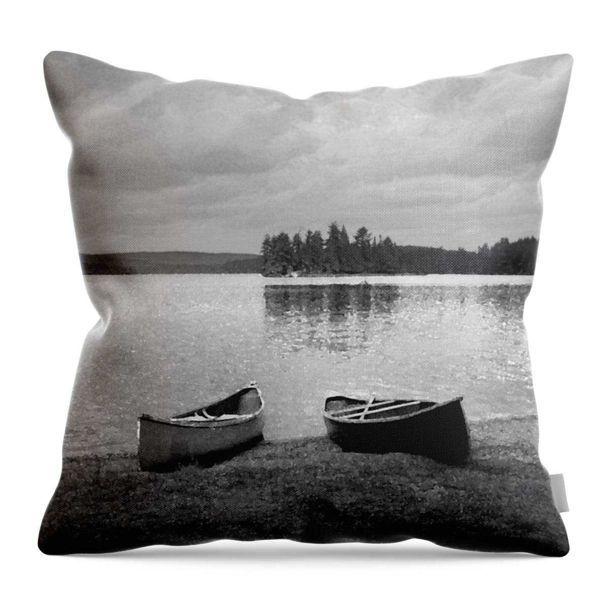 Canisbay Lake Throw Pillow featuring the photograph Canoes - Canisbay Lake - B n W by Richard Andrews