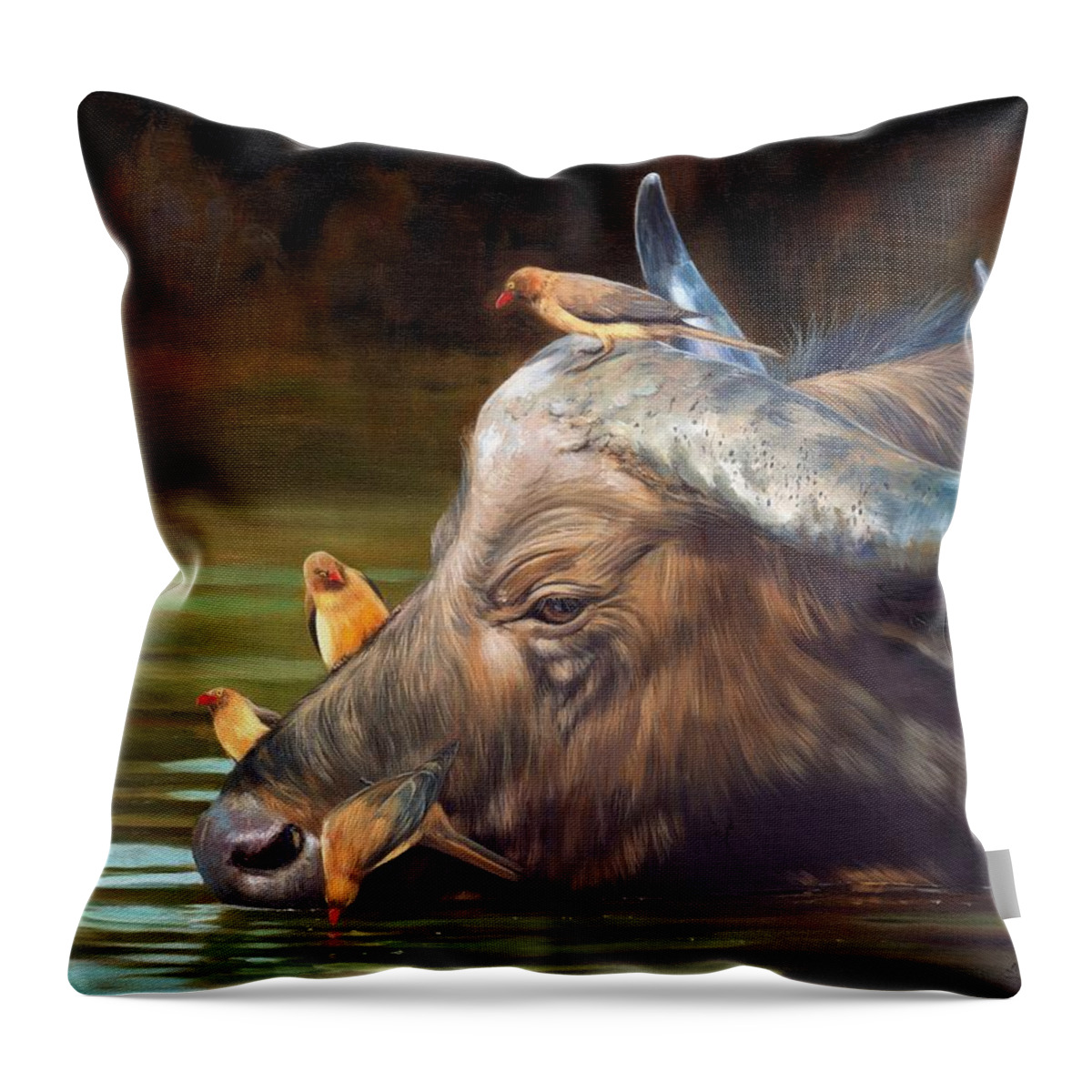 Cape Buffalo Throw Pillow featuring the painting Cape Buffalo and Oxpeckers by David Stribbling