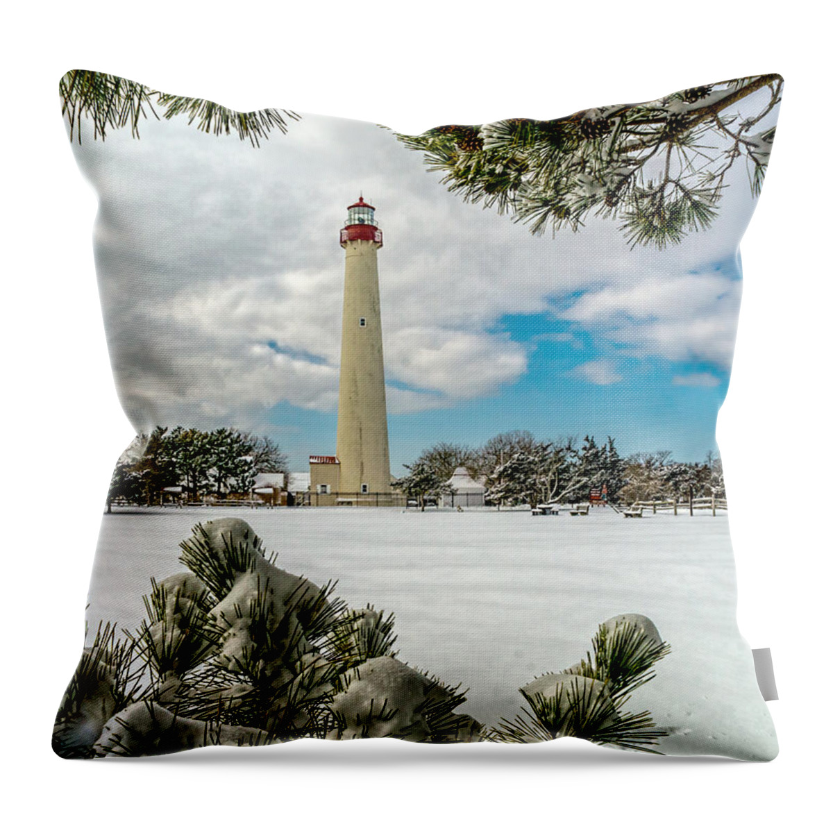 Beacon Throw Pillow featuring the photograph Cape May Light thru Snowy Trees by Nick Zelinsky Jr