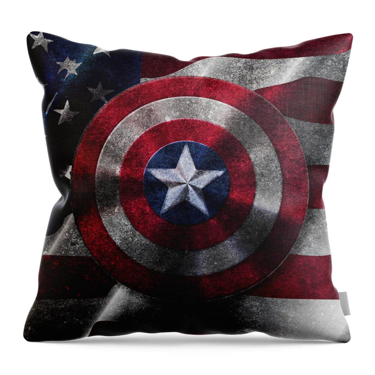 Captain America Shield Throw Pillow featuring the painting Captain America Shield on USA Flag by Georgeta Blanaru