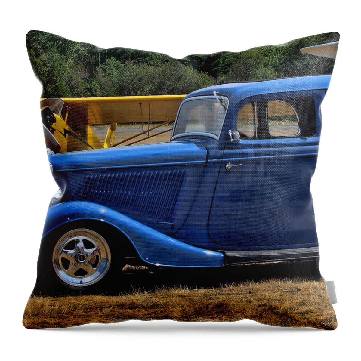Blue Car Throw Pillow featuring the photograph Car and Plane by Ron Roberts