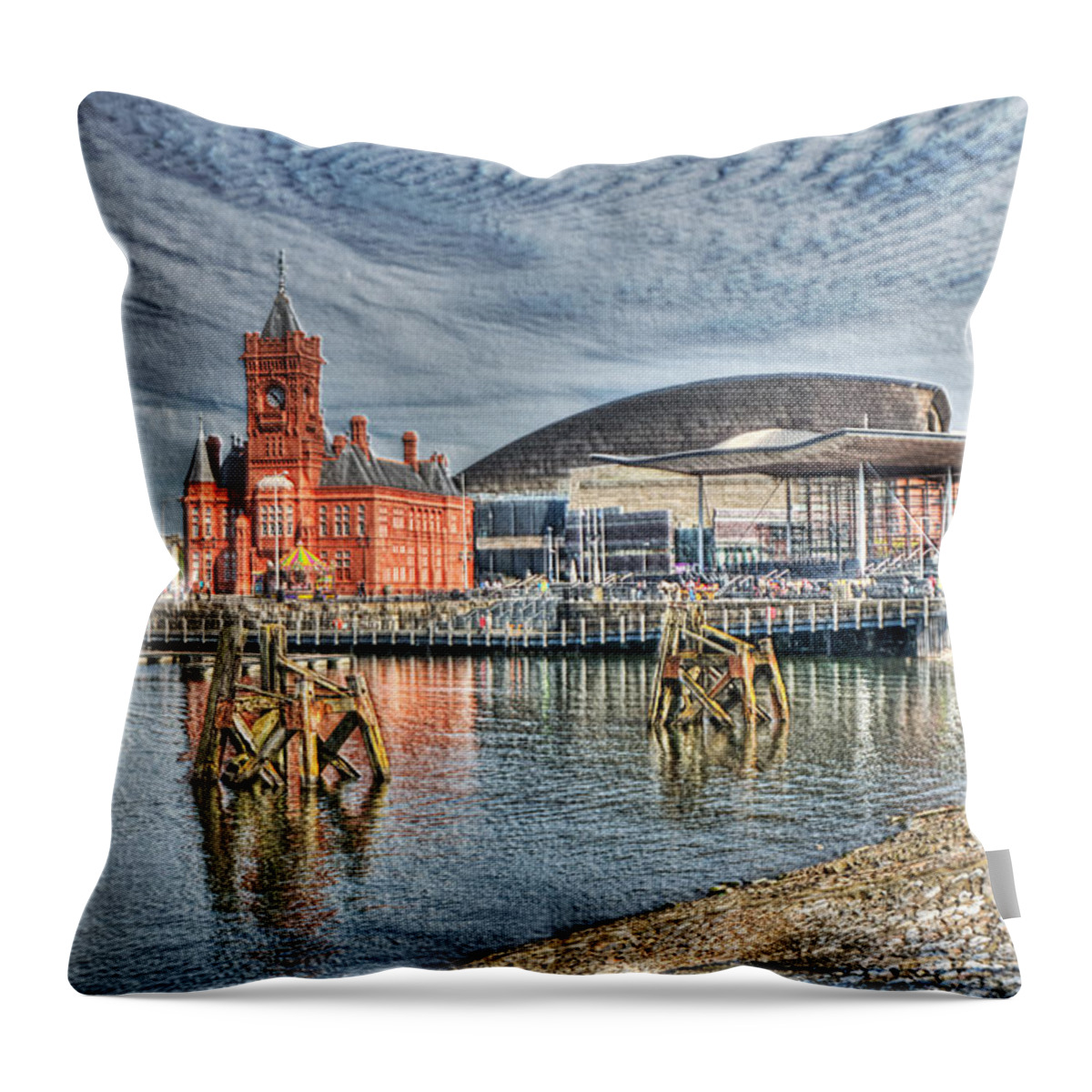 Cardiff Bay Throw Pillow featuring the photograph Cardiff Bay Textured by Steve Purnell
