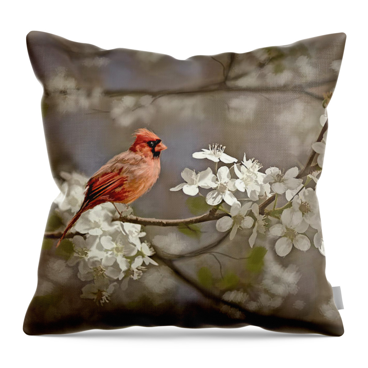 Cardinal Throw Pillow featuring the photograph Cardinal and Blossoms by Bonnie Willis