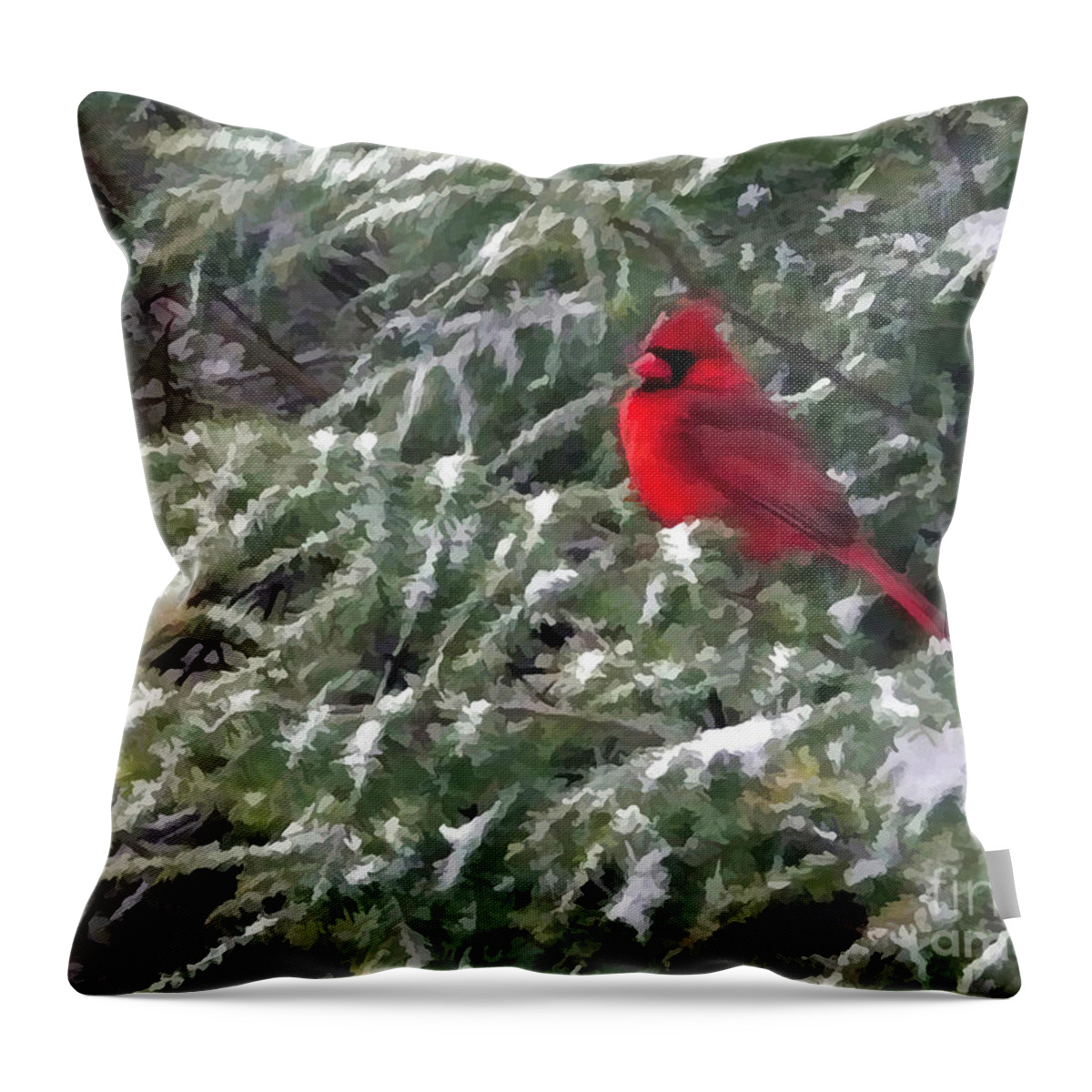 Cardinal Throw Pillow featuring the digital art Cardinal in Snow by Jayne Carney