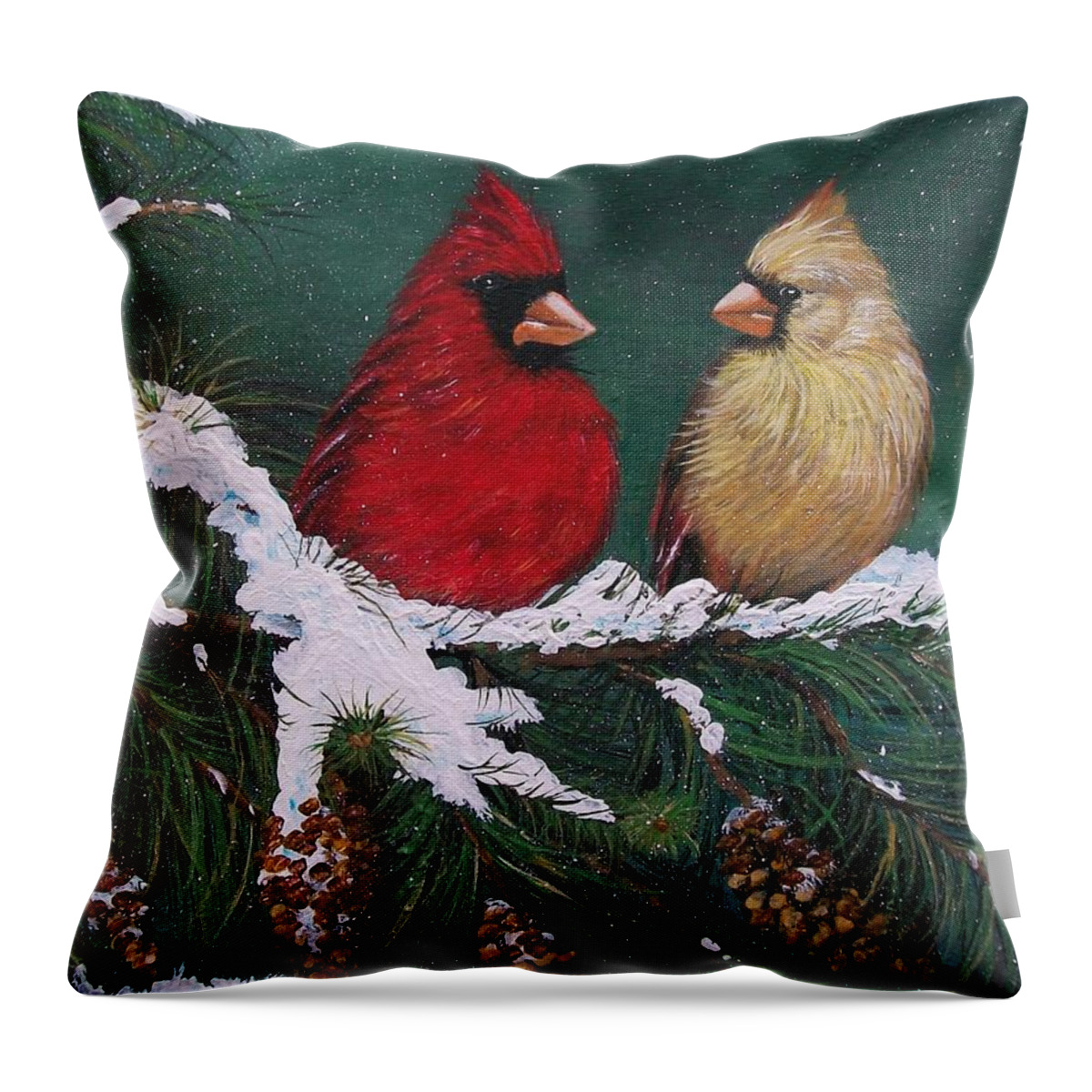  Christmas Throw Pillow featuring the painting Cardinals in the Snow by Sharon Duguay