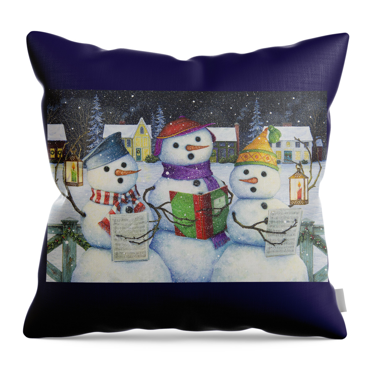 Snowmen Throw Pillow featuring the painting Caroling by Lynn Bywaters