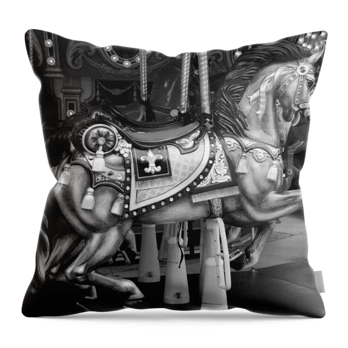 Carousel Throw Pillow featuring the photograph CAROUSEL HORSE in BLACK AND WHITE 2 by Rob Hans
