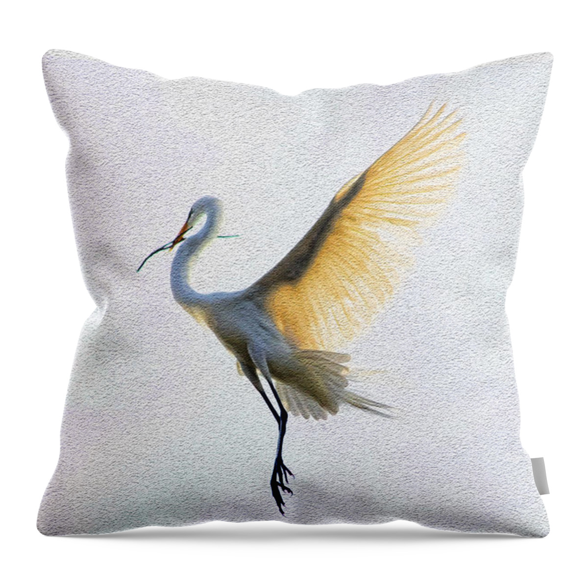 Egret Throw Pillow featuring the photograph Carrying the Twig by Ola Allen