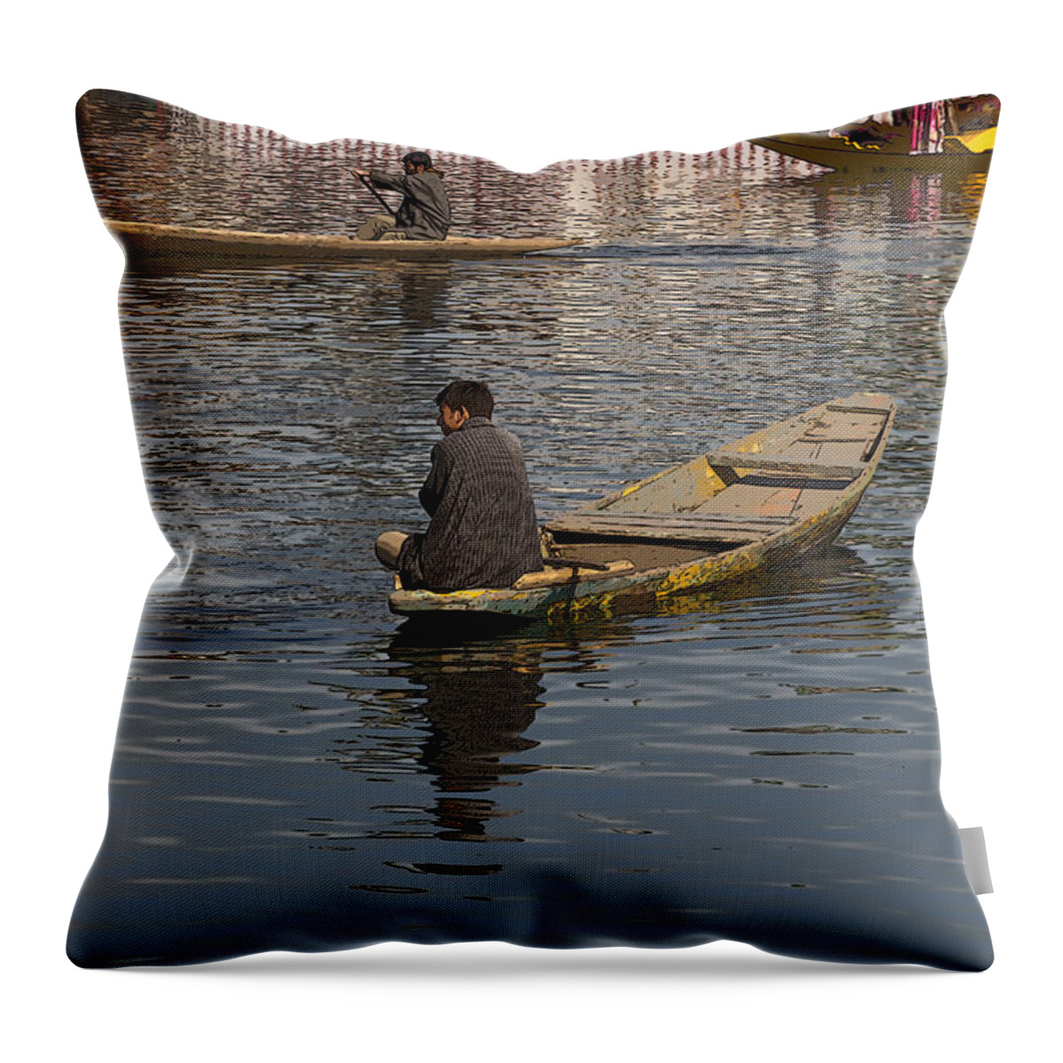 Beautiful Scene Throw Pillow featuring the digital art Cartoon - Kashmiri men rowing many small wooden boats in the waters of the Dal Lake by Ashish Agarwal