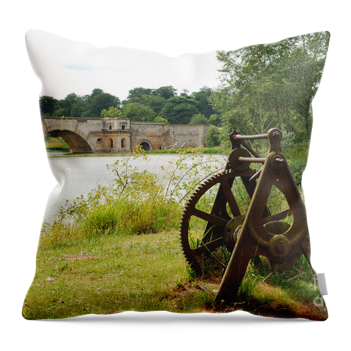 Cast Iron Mangle Blenheim Bridge Oxfordshire England Throw Pillow featuring the photograph Cast into the Future by Richard Gibb